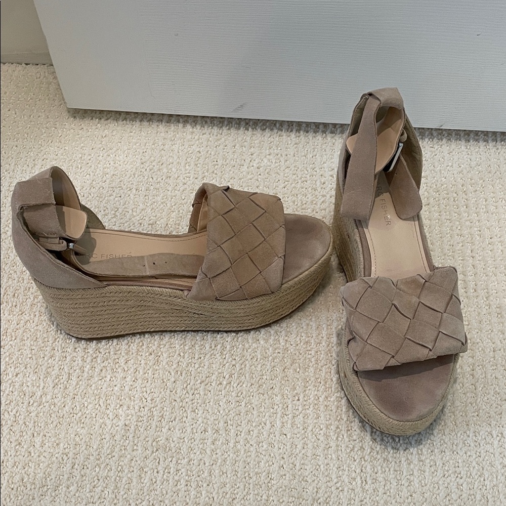 Marc Fisher Beige Woven Wedge Sandals suede women’s